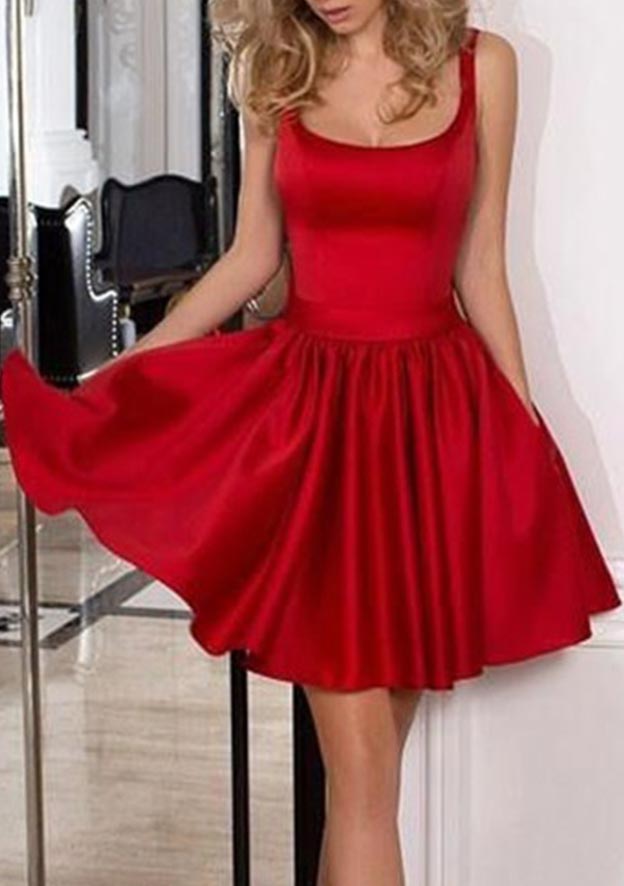 Vestido de fiesta corto/mini de satén sin mangas con escote y volantes de lazo